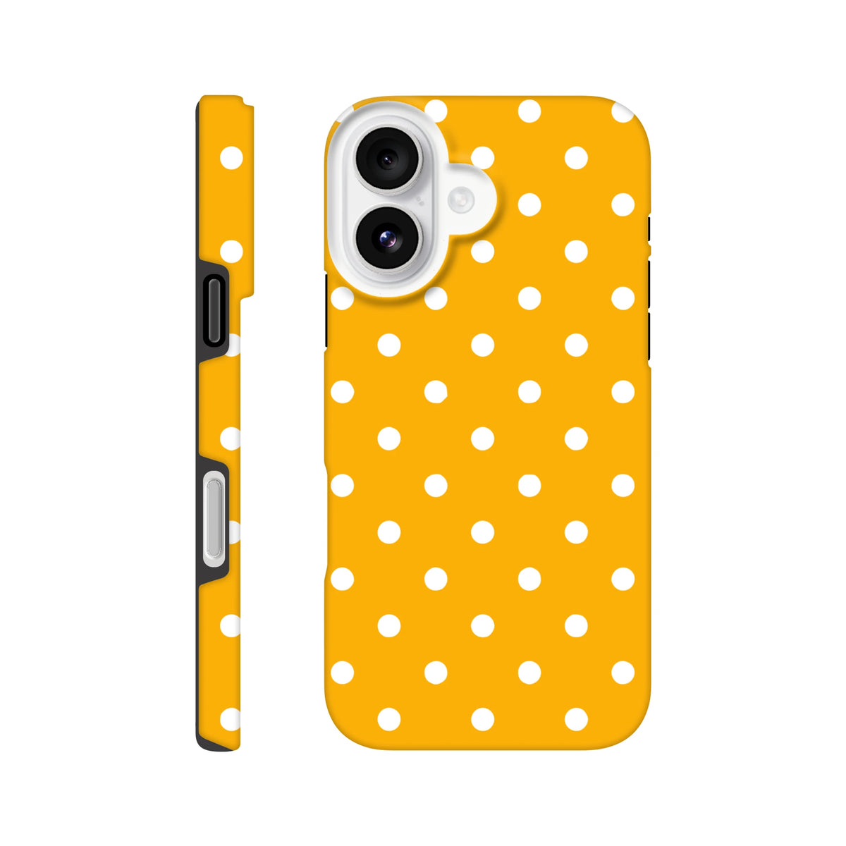 Orange and white polka dot tough iPhone case with shock-absorbing dual-layer TPU shell, exact port access, and wireless charging support for iPhone 13-16.