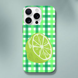 Lime gingham iPhone case featuring a large citrus slice illustration on a green and white checkered pattern background.