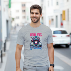 Gray men's t-shirt featuring a retro Future Beats DJ monkey graphic with colorful headphones and Evolution text for streetwear.