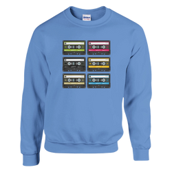 Blue sweatshirt featuring a 3x2 grid of retro cassette tapes in green, pink, black, yellow, beige, and blue for 90s vintage aesthetic menswear.