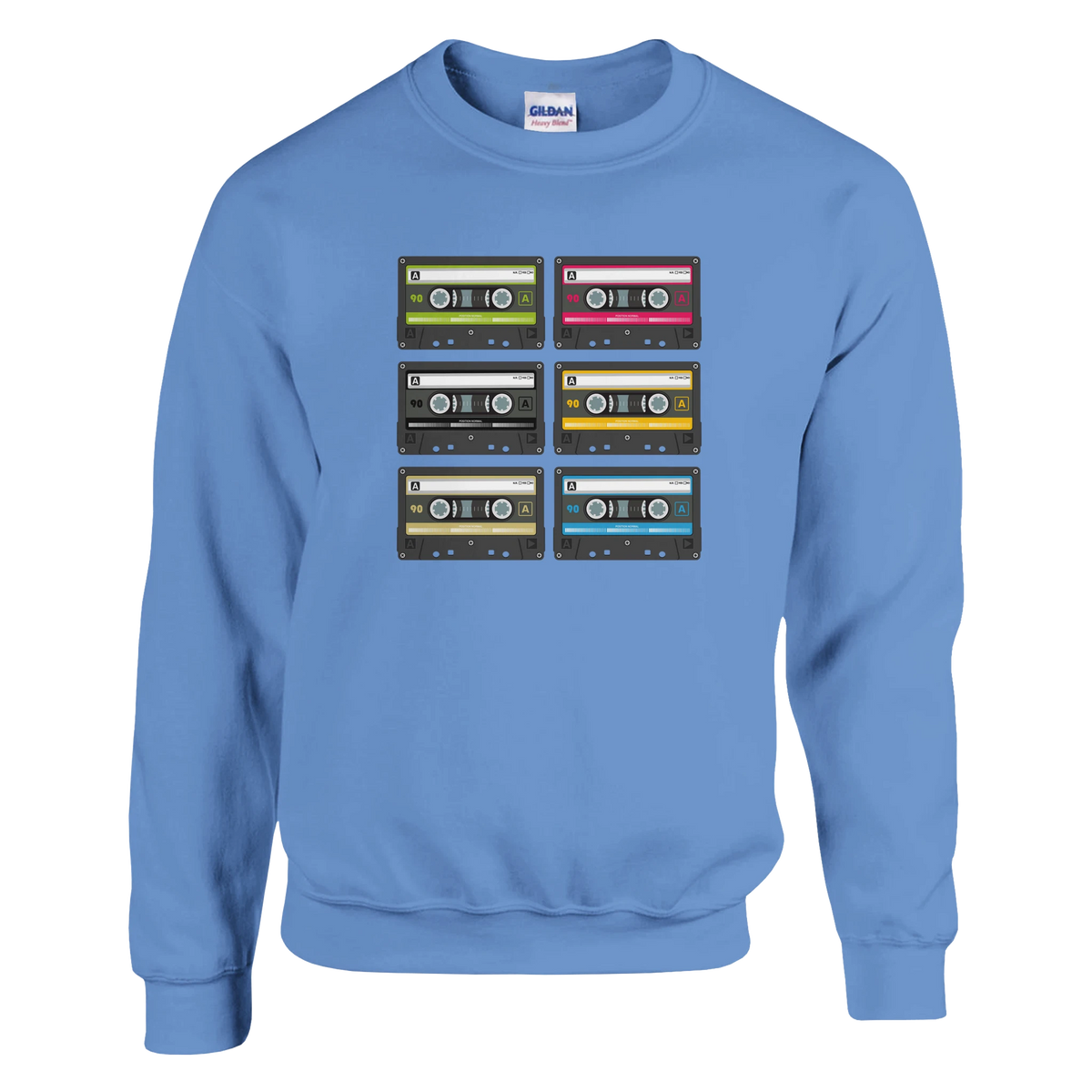 Blue sweatshirt featuring a 3x2 grid of retro cassette tapes in green, pink, black, yellow, beige, and blue for 90s vintage aesthetic menswear.