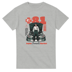 Retro JDM graphic tee featuring anime character in front of modified car with turbo and +81 text for vintage streetwear style.