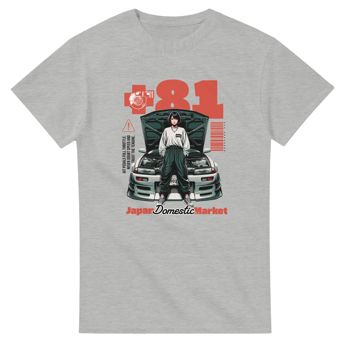 Retro JDM graphic tee featuring anime character in front of modified car with turbo and +81 text for vintage streetwear style.