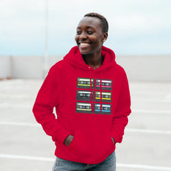 Smiling person in a red Retro Cassette Tape Hoodie for Men with stacked cassette graphics.