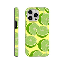 Tough iPhone case featuring a fresh green lime slice pattern on a yellow background. Durable citrus phone cover for streetwear style and daily protection.