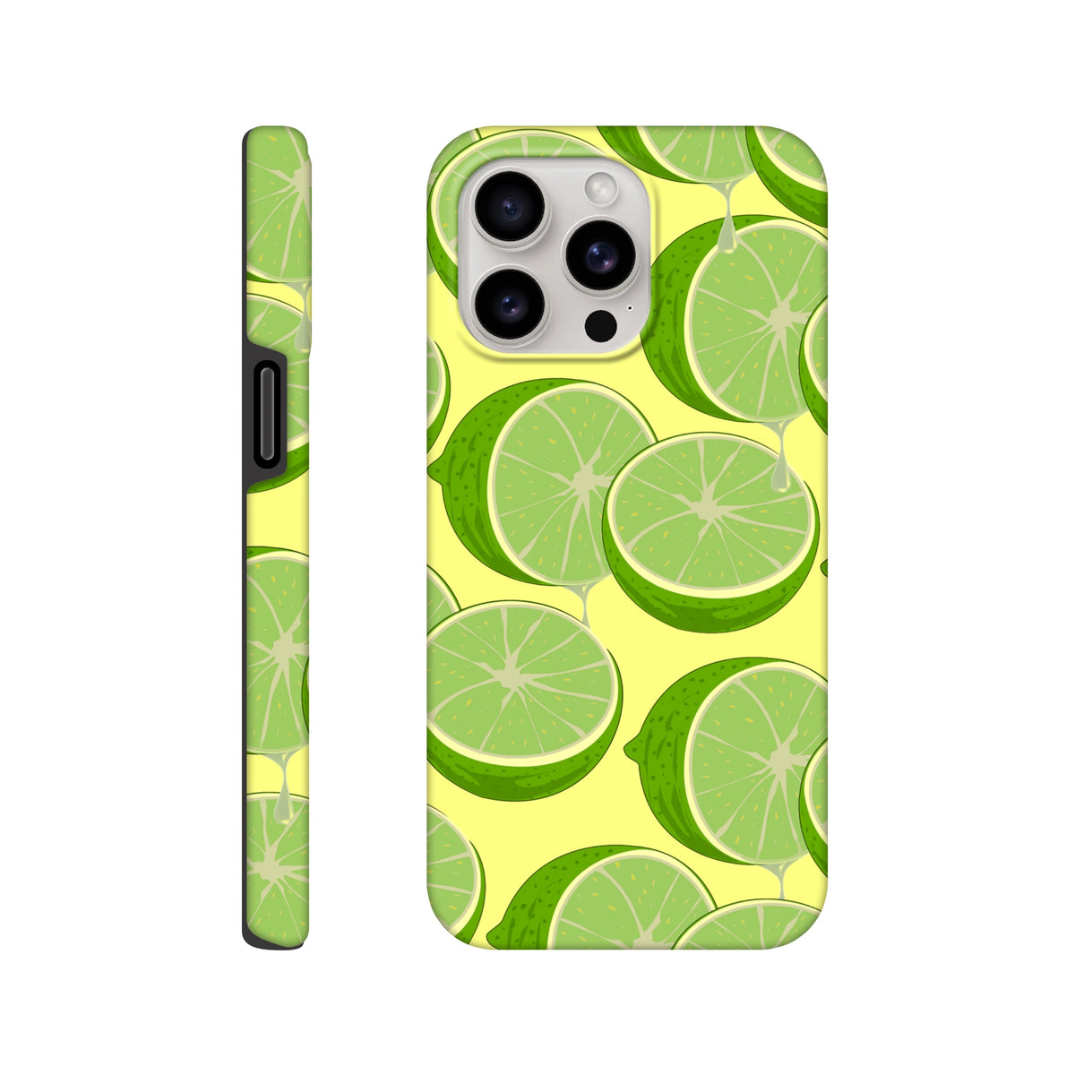 Tough iPhone case featuring a fresh green lime slice pattern on a yellow background. Durable citrus phone cover for streetwear style and daily protection.