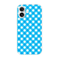 Blue gingham checkered iPhone case for 13–16 with light blue and white pattern.