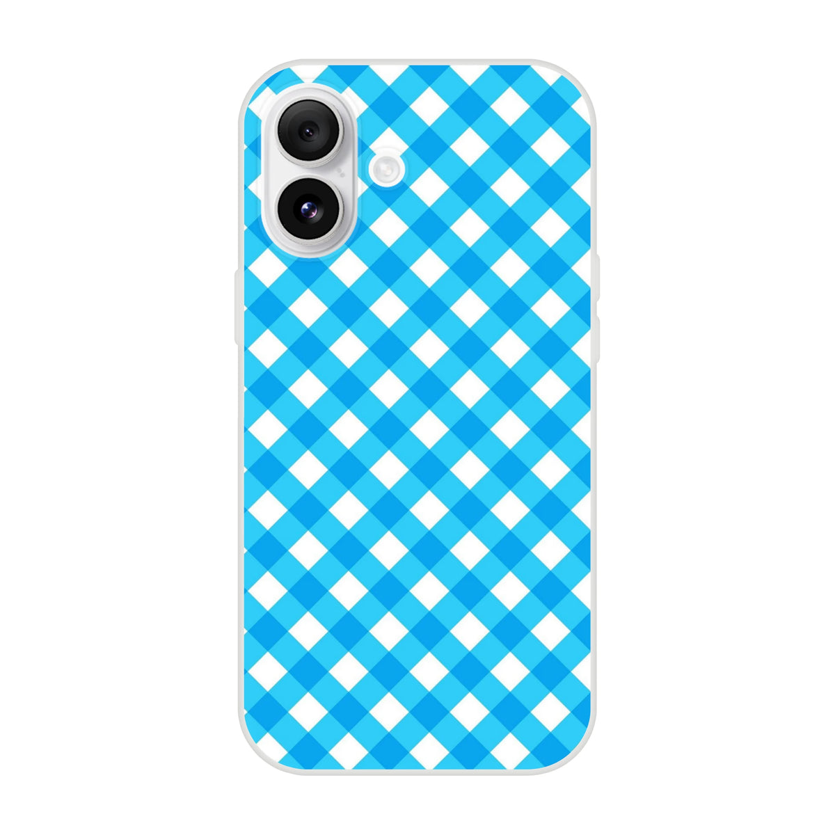 Blue gingham checkered iPhone case for 13–16 with light blue and white pattern.