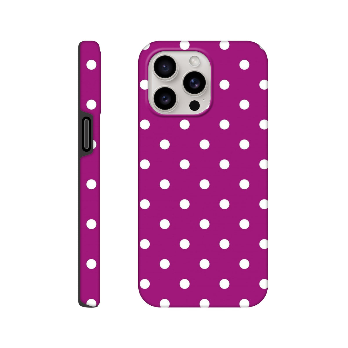 Purple and white polka dot tough iPhone case offering cute aesthetics and rugged shock-absorbing defense for iPhone 13 through 16.