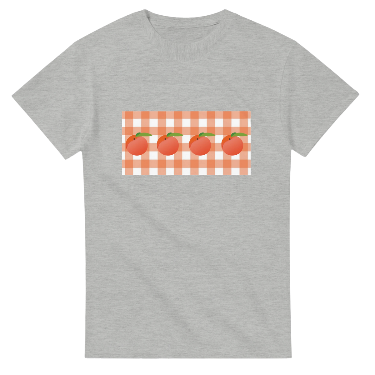 Gray women's tee featuring a peach motif on an orange gingham patch.