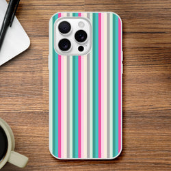 Pastel Stripe iPhone Case (13-16) with colorful vertical stripes on a wooden desk.