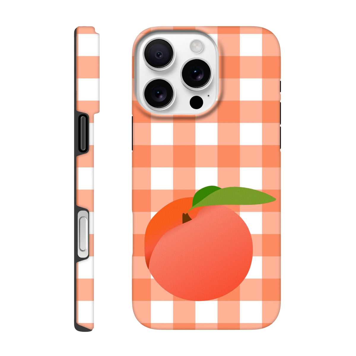 Retro peach fruit gingham tough iPhone case featuring a vibrant orange checkered pattern and full wraparound print.