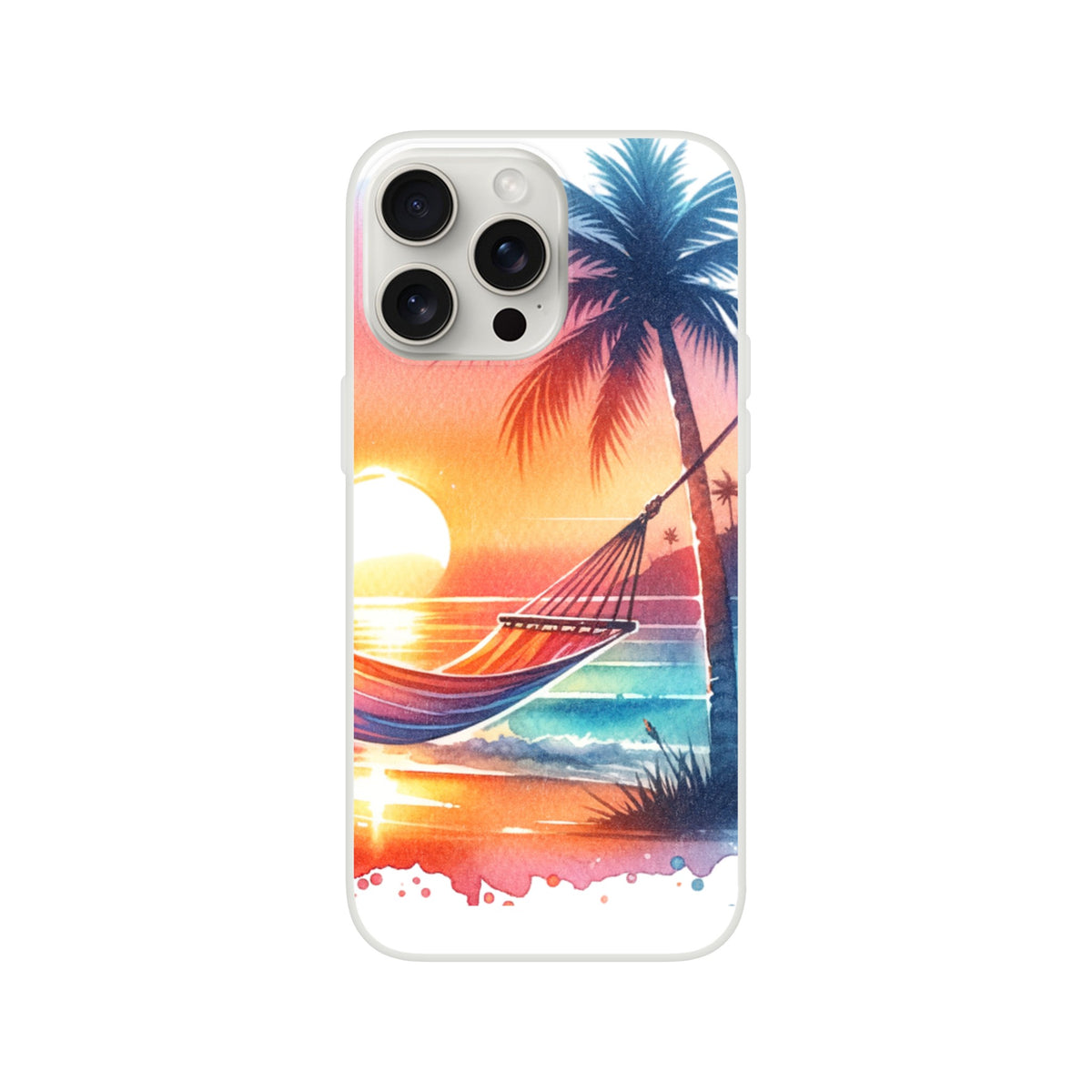 Tropical Beach Sunset iPhone case with palm trees and hammock, slim protective cover for iPhone 16, 15, 14, 13