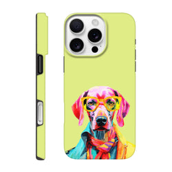 Vibrant pop art dog wearing glasses and scarf on a lime green tough iPhone case.