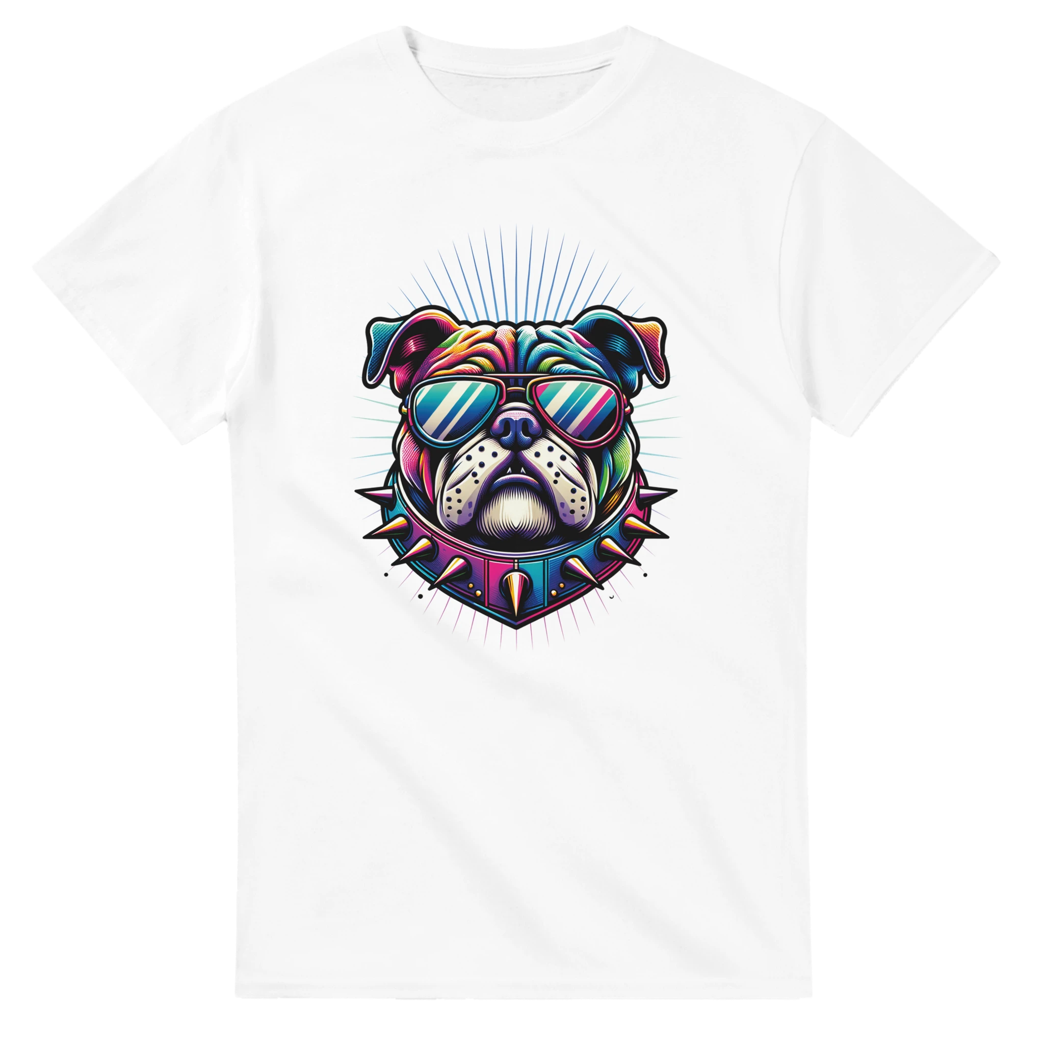 Colorful bulldog graphic on a white men's tee; sunglasses, spiked collar, soft cotton blend.