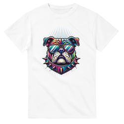 Colorful bulldog graphic on a white men's tee; sunglasses, spiked collar, soft cotton blend.