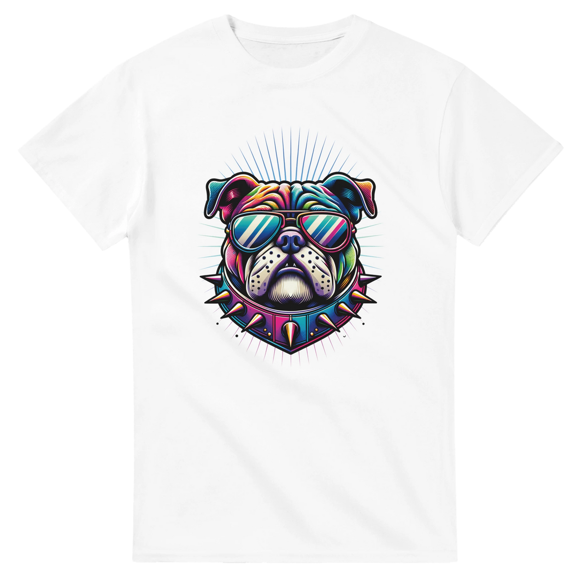 Colorful bulldog graphic on a white men's tee; sunglasses, spiked collar, soft cotton blend.