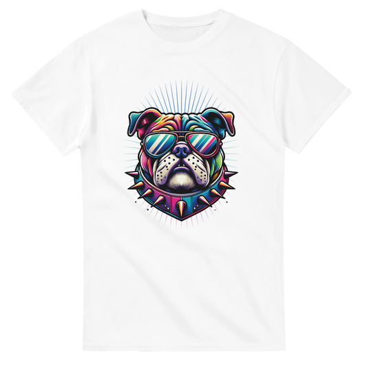 Colorful bulldog graphic on a white men's tee; sunglasses, spiked collar, soft cotton blend.