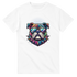 Colorful bulldog graphic on a white men's tee; sunglasses, spiked collar, soft cotton blend.
