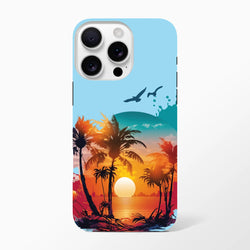 Tropical sunset palm tree tough iPhone case featuring vibrant beach sunset, silhouetted palms, and flying birds for reliable drop resistance.