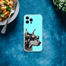 Retro teal iPhone case for iPhone 13-16 featuring a black-and-white dog wearing sunglasses.