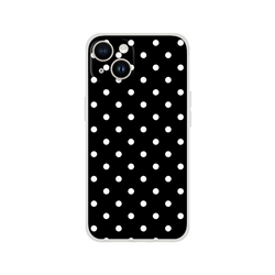 Retro black and white polka dot iPhone 13-16 phone case. Slim matte TPU shell with impact absorption and wireless charging compatibility.