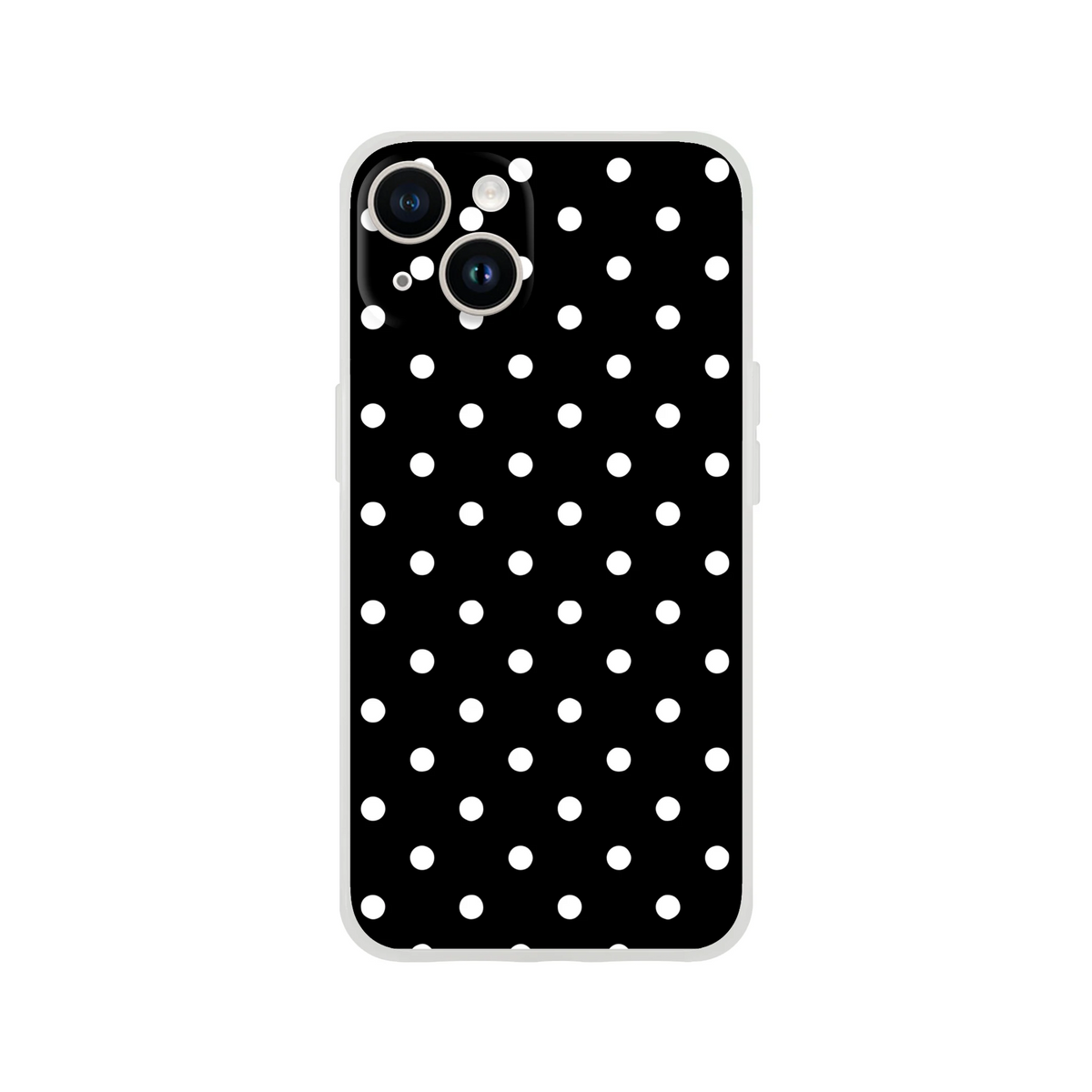 Retro black and white polka dot iPhone 13-16 phone case. Slim matte TPU shell with impact absorption and wireless charging compatibility.