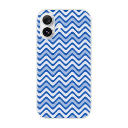 Retro blue wavy stripe iPhone case with geometric chevron pattern and shock-absorbing TPU protection for models 13-16.