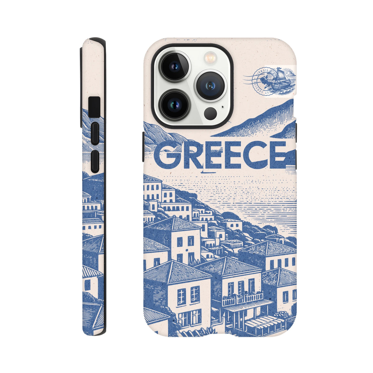 Vintage Greece iPhone case featuring a blue and white Mediterranean village illustration with bold typography and airmail stamp detail.
