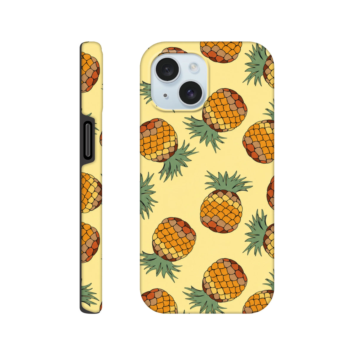 Yellow pineapple print iPhone case featuring a tropical wraparound design for impact protection and street-style fashion.