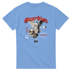 Blue Gothic Angel men's graphic tee with guardian angel artwork and red gothic text, short-sleeve crew neck.