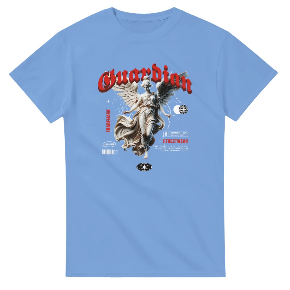 Blue Gothic Angel men's graphic tee with guardian angel artwork and red gothic text, short-sleeve crew neck.