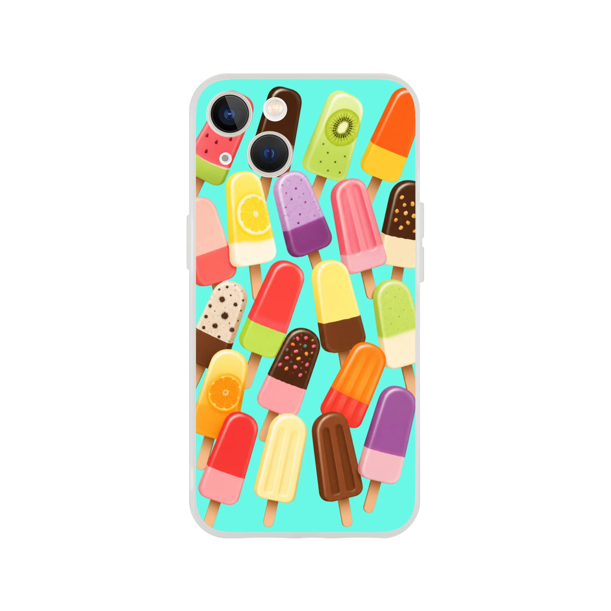 Retro summer colorful ice lolly iPhone case with assorted popsicles on turquoise background. Shock-absorbing TPU phone cover.
