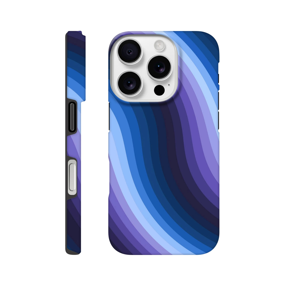 Blue retro wave tough iPhone case features Y2K wavy stripes and reinforced guard rails for impact protection and wireless charging.