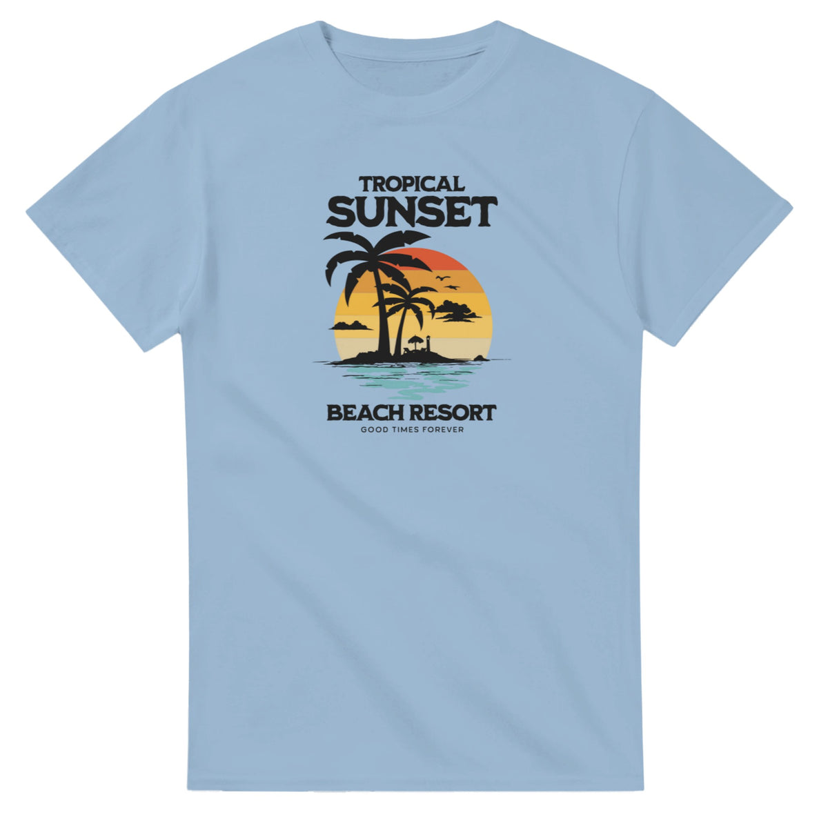 Sunset women's graphic tee with tropical palm trees and sunset on light blue cotton blend, sizes S–XL.
