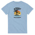 Sunset women's graphic tee with tropical palm trees and sunset on light blue cotton blend, sizes S–XL.