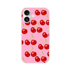 Pink cherry-pattern iPhone case for 13-16, coquette aesthetic with a slim matte shell.
