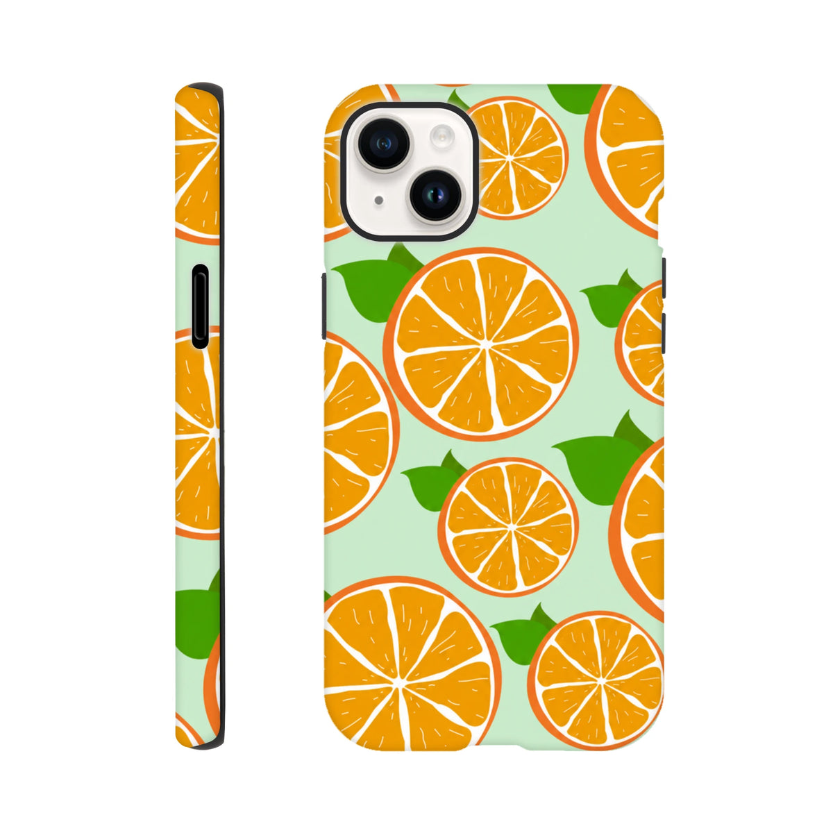 Tough iPhone case with cute orange fruit slices and green leaves on a mint background. Citrus PatPhone cover for drop protection.