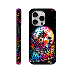 Low Life Petrolhead iPhone case featuring a pink coilover, sunset palm trees, colorful paint splatters, and "Urban Palm Trees" text.