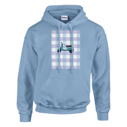 Light blue vintage mod hoodie featuring a retro scooter graphic on a pastel gingham checkerboard background.