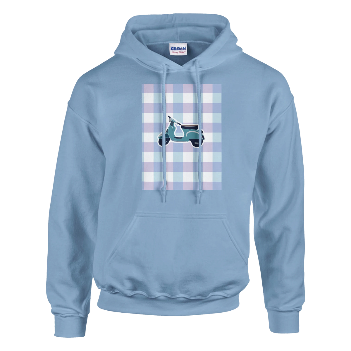 Light blue vintage mod hoodie featuring a retro scooter graphic on a pastel gingham checkerboard background.