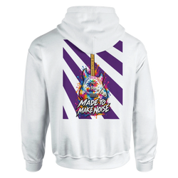 White hoodie back print featuring a colorful electric guitar graphic with purple stripes and "Made to Make Noise" text.
