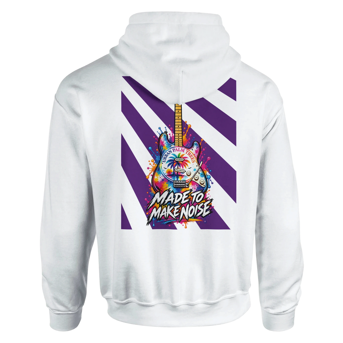 White hoodie back print featuring a colorful electric guitar graphic with purple stripes and "Made to Make Noise" text.