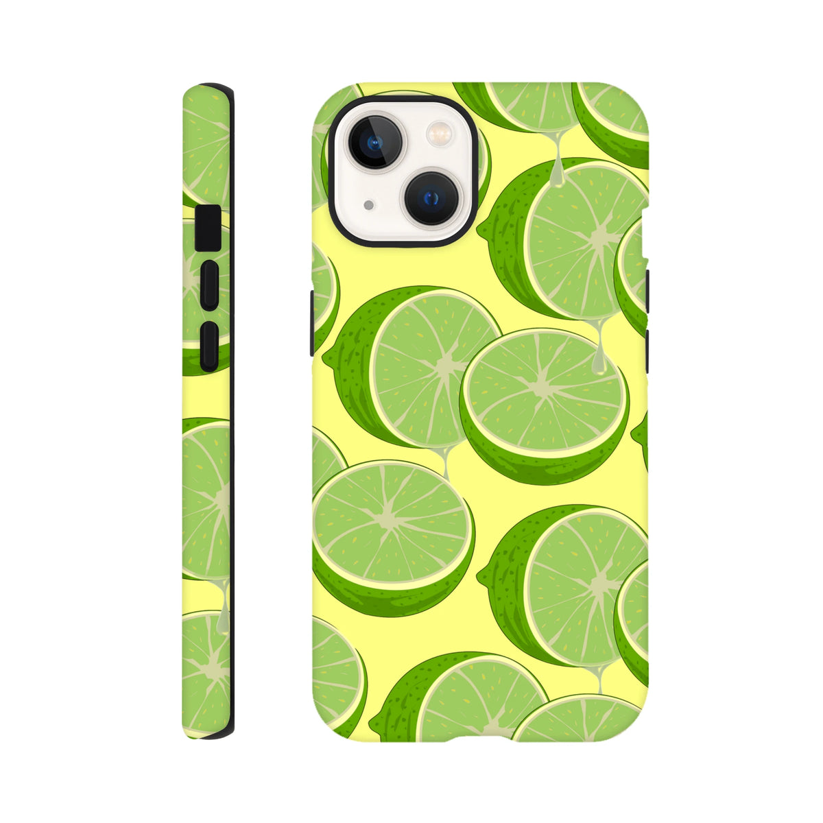 Tough iPhone case featuring a fresh green lime slice pattern on a yellow background. Durable citrus phone cover for daily impact protection and streetwear style.