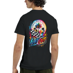 Black men's t-shirt back with colorful Flat Out graphic featuring checkered flag, palm trees, and Urban Palm Trees sunset design.
