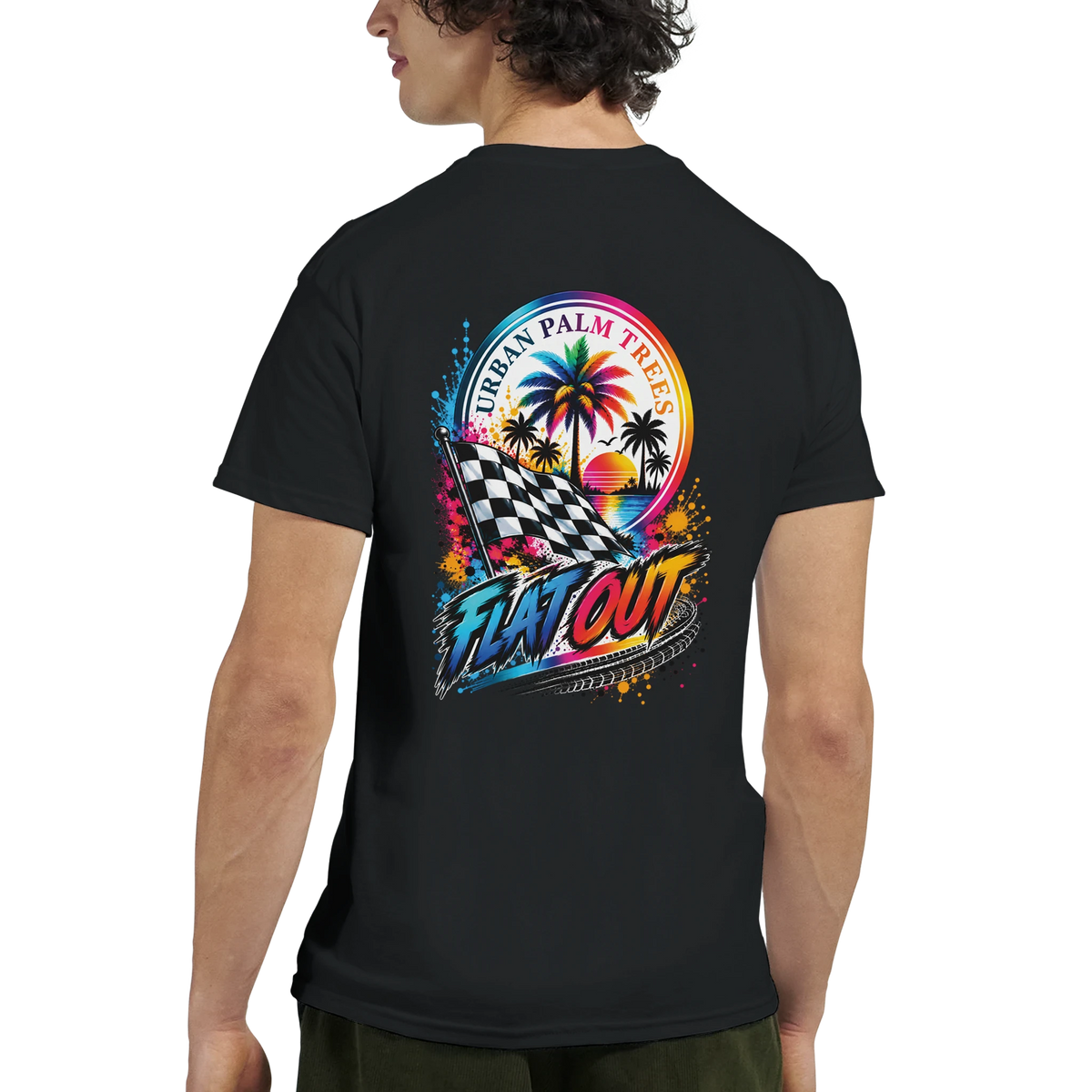 Black men's t-shirt back with colorful Flat Out graphic featuring checkered flag, palm trees, and Urban Palm Trees sunset design.