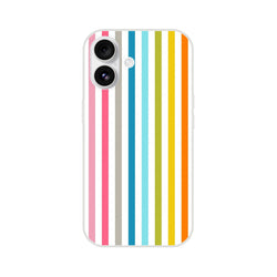 Pastel Rainbow Stripe iPhone Case for iPhone 13–16 with frosty transparent shell and bold retro rainbow print.