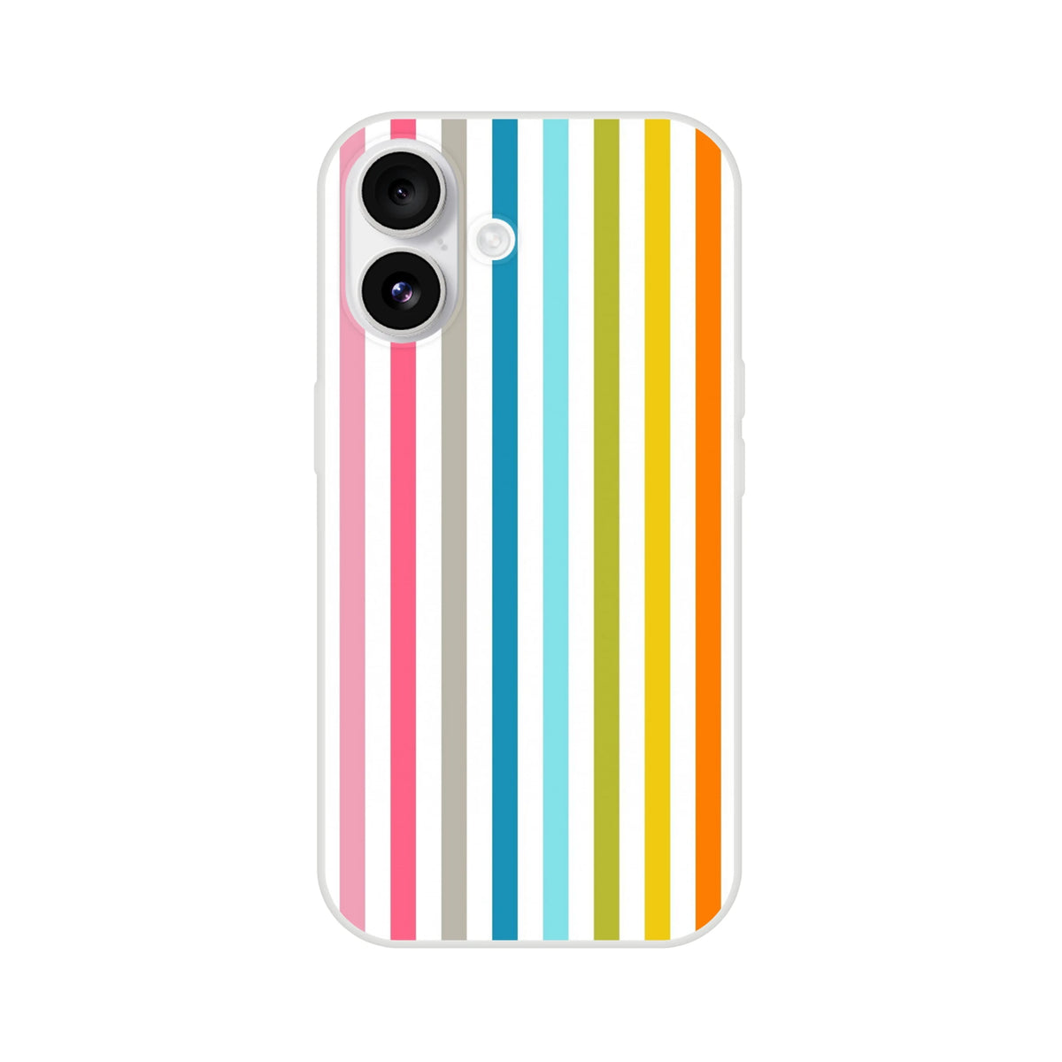 Pastel Rainbow Stripe iPhone Case for iPhone 13–16 with frosty transparent shell and bold retro rainbow print.