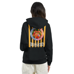 Back view of a black women's hoodie featuring a retro striped peach graphic and Urban Palm Trees text on the back.