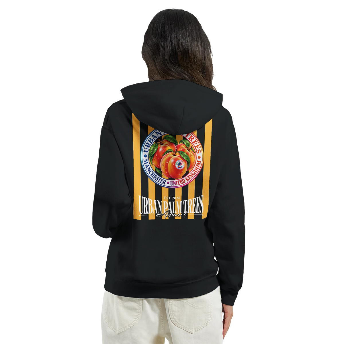 Back view of a black women's hoodie featuring a retro striped peach graphic and Urban Palm Trees text on the back.